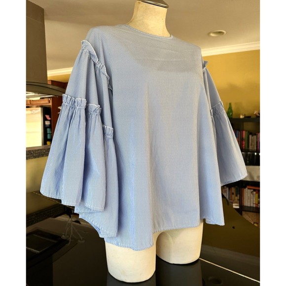 dRA Los Angeles Blue & White Striped Statement Ruffle Bell Sleeve Blouse Anthro - Picture 5 of 12